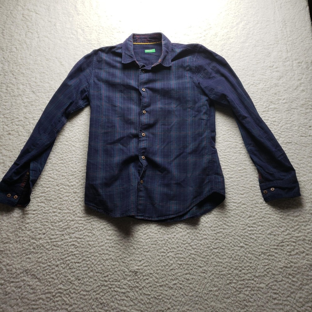 United Colors Of Benetton Shirt Mens Small Blue Plaid Corduroy Long Sleeve